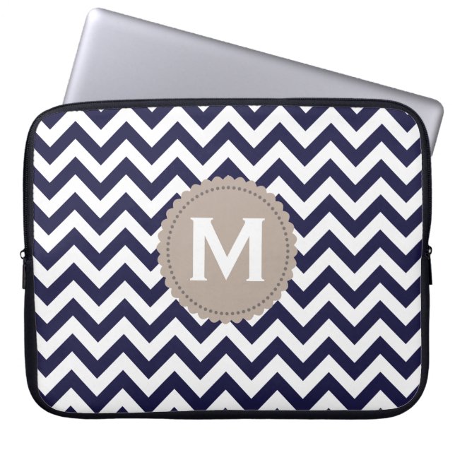 Navy Blue White Monogram Chevron Pattern Laptop Sleeve (Voorkant)