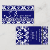 Navy Blue White Monogram Damask Visitekaartjes (Voorkant / Achterkant)