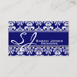 Navy Blue White Monogram Damask Visitekaartjes