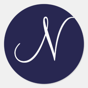 Navy Blue & White Monogram Initiaal "N" Ronde Sticker