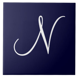Navy Blue & White Monogram Initiaal N Tegeltje