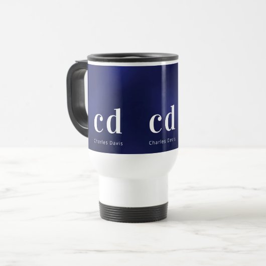 Navy blue white monogram initiaal name reisbeker (Voorkant links)