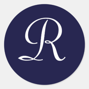 Navy Blue & White Monogram Initiaal Seal "R" Ronde Sticker