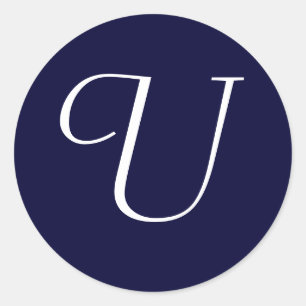 Navy Blue & White Monogram Initiaal Seal "U" Ronde Sticker