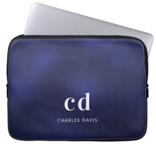 Navy blue white monogram inscriptienaam laptop sleeve