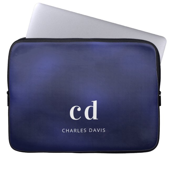 Navy blue white monogram inscriptienaam laptop sleeve (Voorkant)
