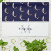 Navy Blue White Monogram naam Forel patroon Theedoek (Gevouwen)
