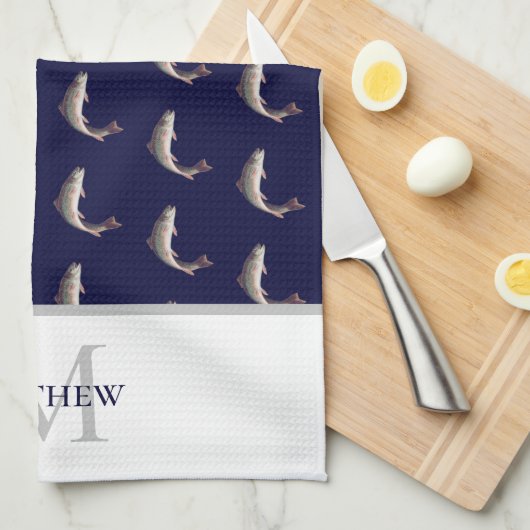 Navy Blue White Monogram naam Forel patroon Theedoek (Quarter Fold)