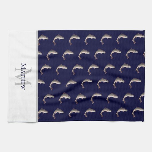 Navy Blue White Monogram naam Forel patroon Theedoek (Horizontaal)