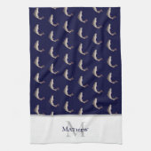 Navy Blue White Monogram naam Forel patroon Theedoek (Verticaal)