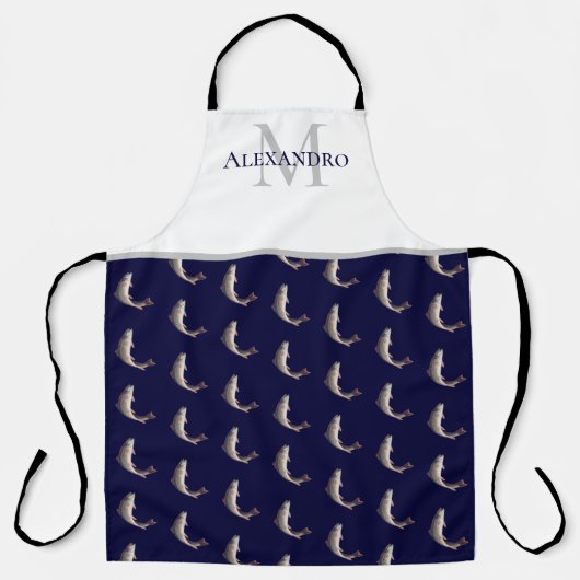 Navy Blue White Monogram naam Forel Schort (Voorkant)