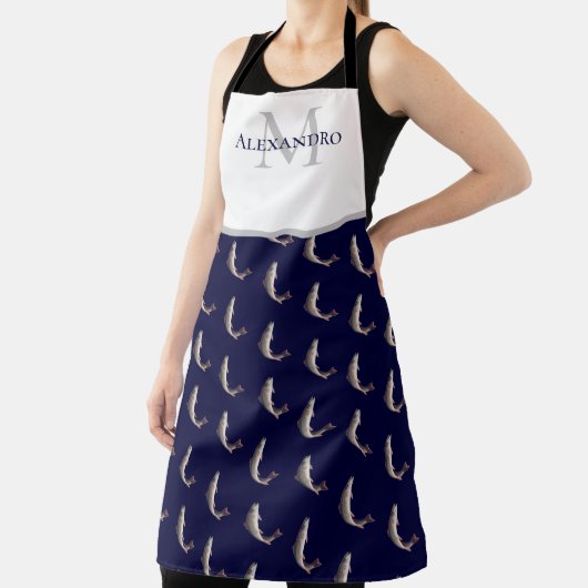 Navy Blue White Monogram naam Forel Schort (Insitu)