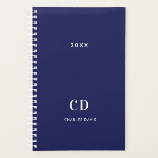 Navy blue white monogram name 2022 planner (Voorkant)