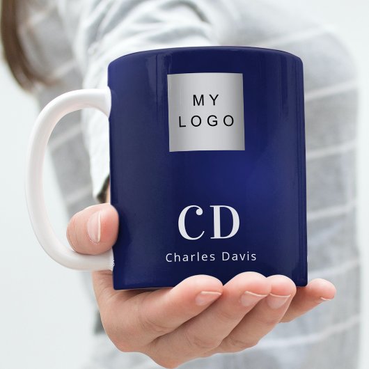Navy blue white monogram name business logo koffiemok