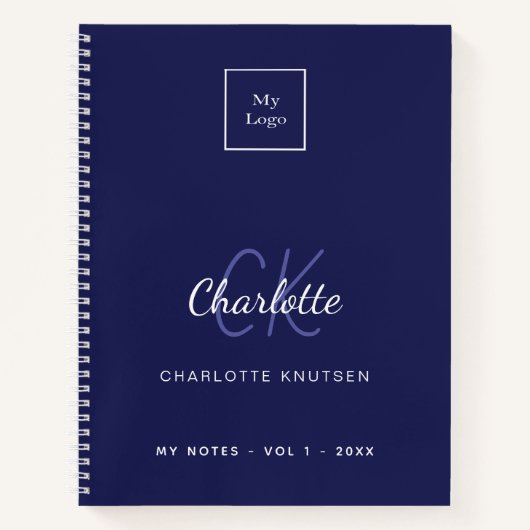 Navy blue white monogram name business logo notitieboek (Voorkant)