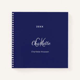 Navy blue white monogram name minimalist notitieboek