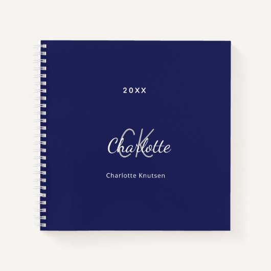 Navy blue white monogram name minimalist notitieboek (Voorkant)
