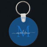 Navy Blue White Monogram Name Modern Girly Script Sleutelhanger<br><div class="desc">Simple Navy Blue White Monogram Elegant Modern Girly Script Sleutelhanger</div>