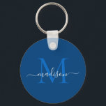 Navy Blue White Monogram Name Modern Girly Script Sleutelhanger<br><div class="desc">Simple Navy Blue White Monogram Elegant Modern Girly Script Sleutelhanger</div>