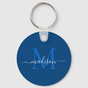 Navy Blue White Monogram Name Modern Girly Script Sleutelhanger