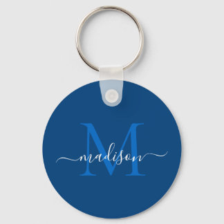 Navy Blue White Monogram Name Modern Girly Script Sleutelhanger