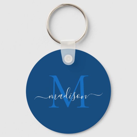 Navy Blue White Monogram Name Modern Girly Script Sleutelhanger (Voorkant)
