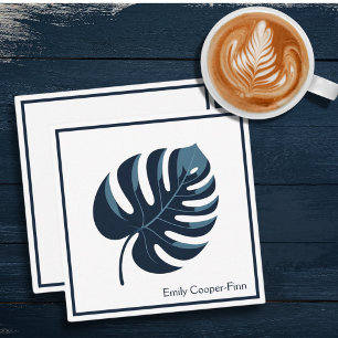 Navy Blue & White Monstera Leaf Flat Note Kaart Notitiekaartje