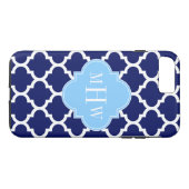 Navy Blue White Moroccan #5 Sky Blue Name Monogram Case-Mate iPhone Case (Achterkant (Horizontaal))