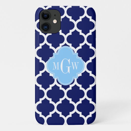 Navy Blue White Moroccan #5 Sky Blue Name Monogram Case-Mate iPhone Case (Achterkant)