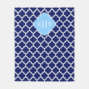 Navy Blue White Moroccan #5 Sky Blue Name Monogram Fleece Deken