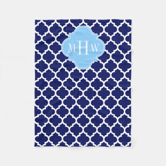 Navy Blue White Moroccan #5 Sky Blue Name Monogram Fleece Deken (Voorkant)