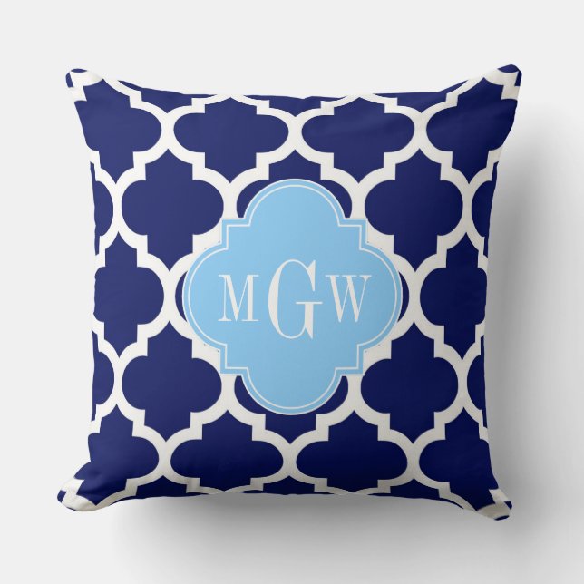 Navy Blue White Moroccan #5 Sky Blue Name Monogram Kussen (Voorkant)