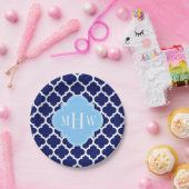 Navy Blue White Moroccan #5 Sky Blue Name Monogram Papieren Bordje (Feest)