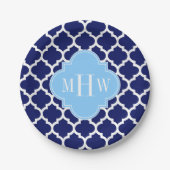 Navy Blue White Moroccan #5 Sky Blue Name Monogram Papieren Bordje (Voorkant)