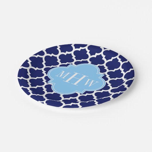 Navy Blue White Moroccan #5 Sky Blue Name Monogram Papieren Bordje (Gekanteld)