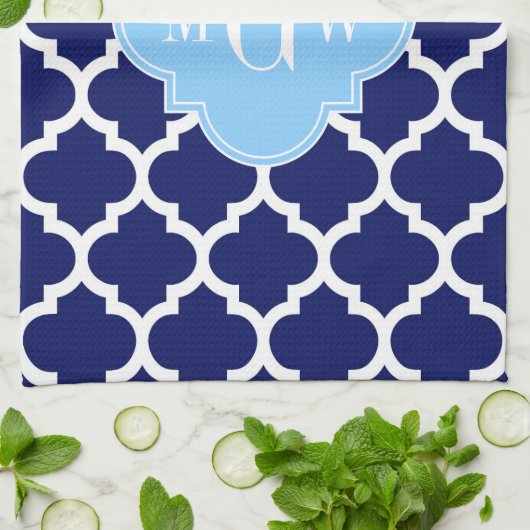 Navy Blue White Moroccan #5 Sky Blue Name Monogram Theedoek (Gevouwen)