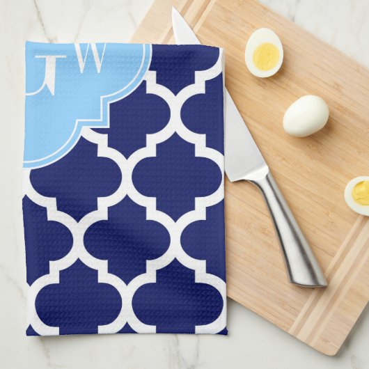 Navy Blue White Moroccan #5 Sky Blue Name Monogram Theedoek (Quarter Fold)