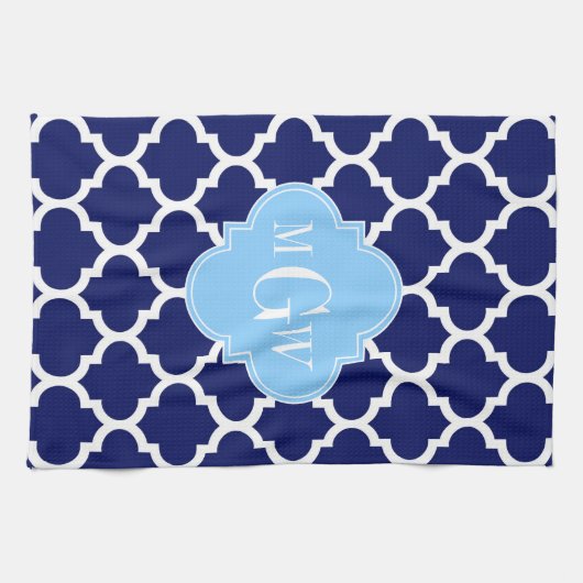 Navy Blue White Moroccan #5 Sky Blue Name Monogram Theedoek (Horizontaal)