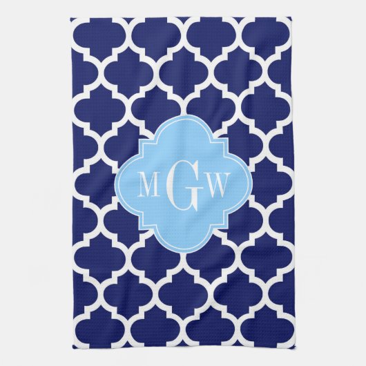 Navy Blue White Moroccan #5 Sky Blue Name Monogram Theedoek (Verticaal)