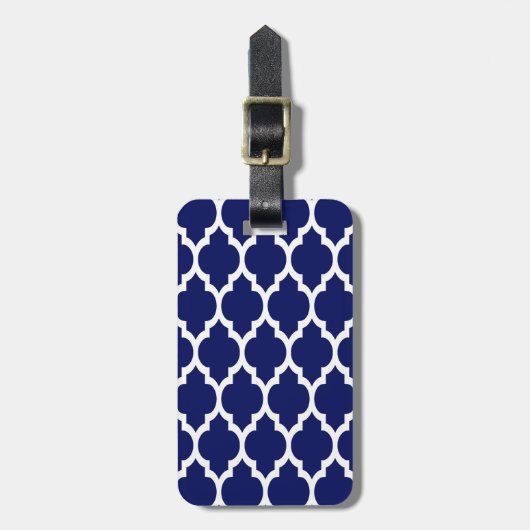 Navy Blue White Moroccan Quatrefoil Pattern #4 Bagagelabel (Voorkant verticaal)