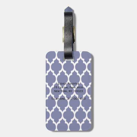 Navy Blue White Moroccan Quatrefoil Pattern #4 Bagagelabel (Achterkant verticaal)