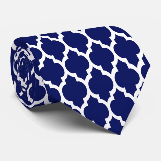 Navy Blue White Moroccan Quatrefoil Pattern #4 Stropdas (Opgerold)