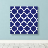 Navy Blue White Moroccan Quatrefoil Pattern #5 Canvas Afdruk (Insitu (Houten vloer))