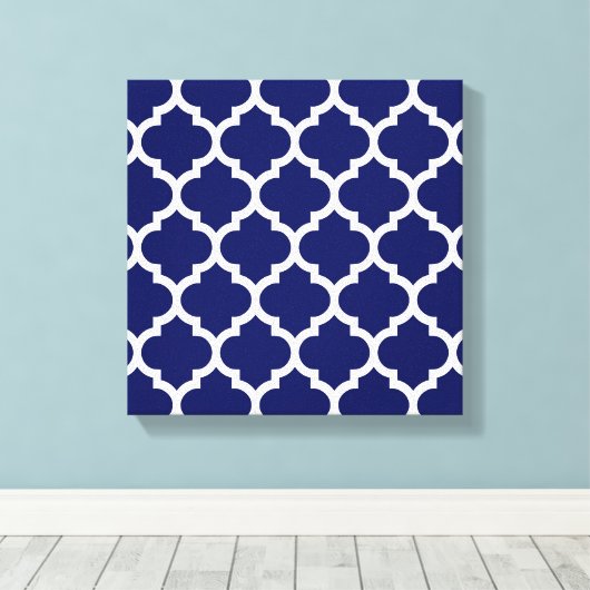 Navy Blue White Moroccan Quatrefoil Pattern #5 Canvas Afdruk (Insitu (Houten vloer))
