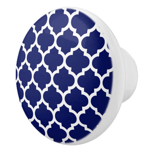 Navy Blue White Moroccan Quatrefoil Pattern #5 Keramische Knop (Rechts)