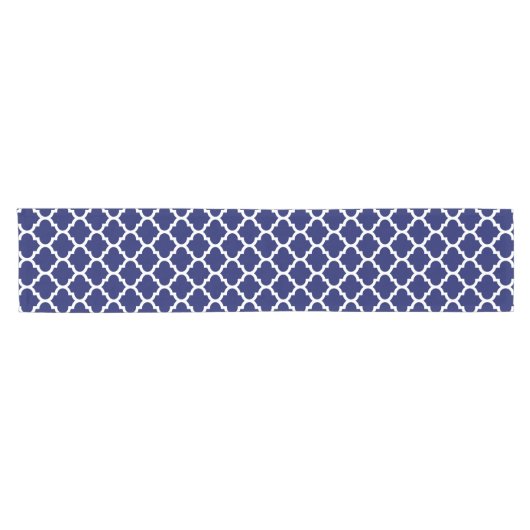 Navy Blue White Moroccan Quatrefoil Pattern #5 Korte Tafelloper (Horizontaal)