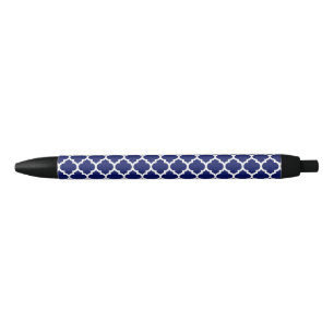 Navy Blue White Moroccan Quatrefoil Pattern #5 Zwarte Inkt Pen
