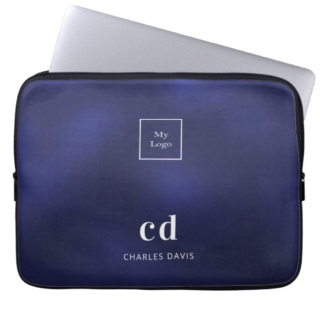 Navy blue white name in business logo laptop sleeve (Voorkant)