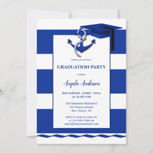 Navy Blue White Nautical Afstuderen Invitation Kaart (Voorkant)