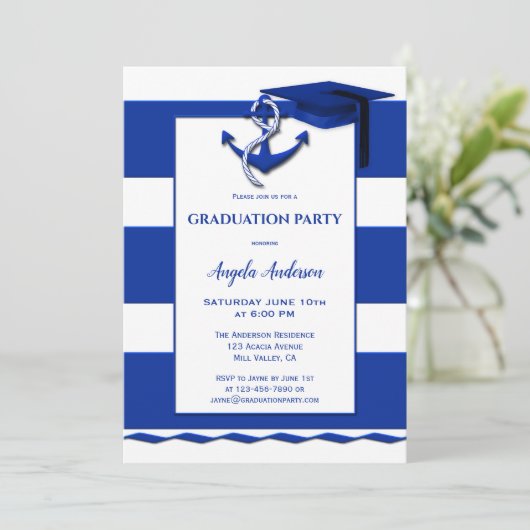 Navy Blue White Nautical Afstuderen Invitation Kaart (Staand voorkant)